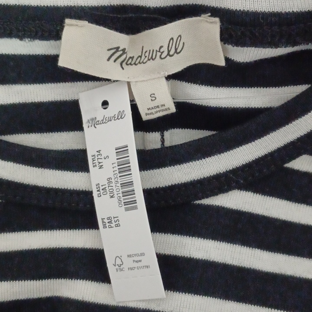 New Madewell The '90's Long-Sleeve Tee in Compact Cotton Bengal Stripe Small - Picture 5 of 6